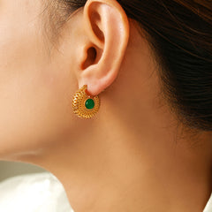 18K Gold-Plated Green Glass Round Earrings