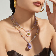 Resin Flower & Crystal Pendant Necklace
