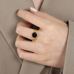 18K Gold-Plated Black Enamel Open Ring