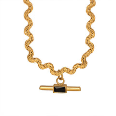 Wavy Chain & Glass Stone Toggle Necklace