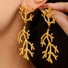 18K Gold-Plated Coral Branch Shell Pearl-Look Earrings