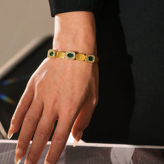 18K Gold-Plated Green Accent Geometric Bangle