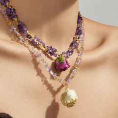 18K Gold-Plated Resin Flower & Crystal Beaded Necklaces