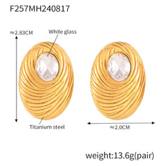 18K Gold-Plated Ribbed Oval Glass Stud Earrings