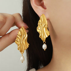 Textured Leaf Freshwater Pearl Drop Earrings