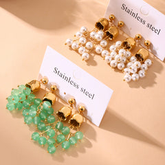 Aventurine or Pearl-Look Floral Drop Earrings
