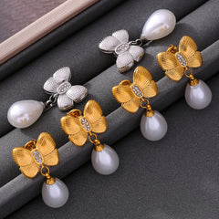 18K Gold-Plated Bow Pearl-Look Drop Earrings