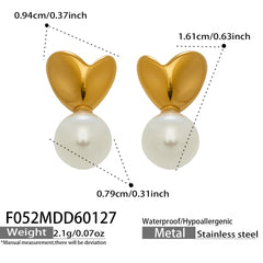 18K Gold-Plated Heart and Faux Pearl Stud Earrings