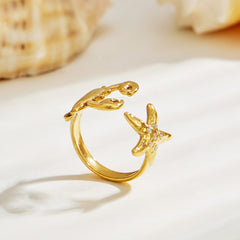 Crab and Starfish Cubic Zirconia Open Ring