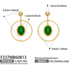 Oval Glass Stone Double-Hoop Drop Earrings
