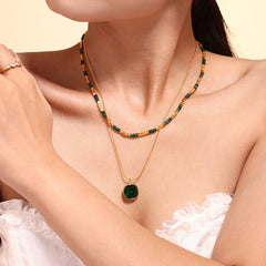 Green Beaded Layered Pendant Necklace