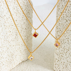 Square Cubic Zirconia or Glass Pendant Necklace
