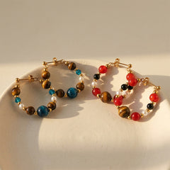 Natural Stone & Pearl-Look Beaded Hoop Earrings