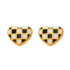 Checkerboard Enamel Heart Stud Earrings
