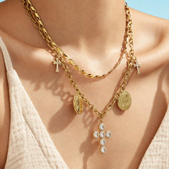 18K Gold-Plated Cross and Coin Charm Necklace