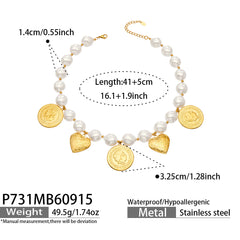 Pearl-Look Heart and Coin Charm Necklace