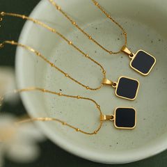 Black Square Pendant Fine Chain Necklace