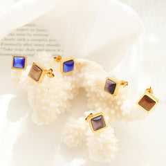 Square Color-Stone Stud Earrings