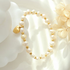 Freshwater Pearl Heart Charm Stretch Bracelet