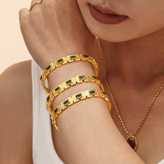 18K Gold-Plated Green Glass Geometric Clasp Bracelet
