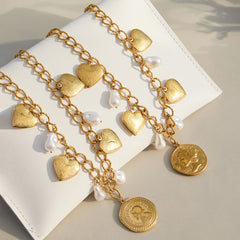 18K Gold-Plated Heart and Faux Pearl Charm Jewelry