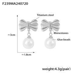 Bow Stud Pearl-Look Drop Earrings