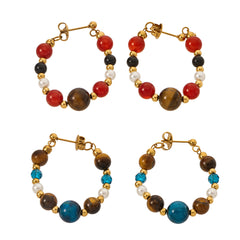 Natural Stone & Pearl-Look Beaded Hoop Earrings