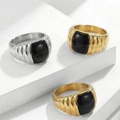 18K Gold-Plated Black Enamel Ribbed Ring