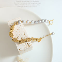 Gray Freshwater Pearl & Brass Chain Bracelet