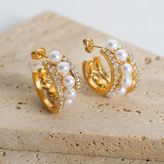 Pearl-Look & Clear Stone Open Hoop Earrings