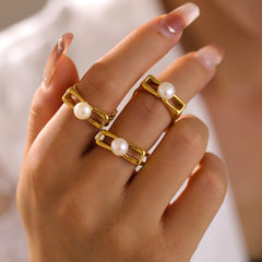 18K Gold-Plated Geometric Pearl-Look Open Ring