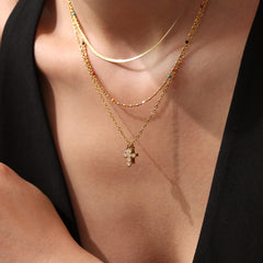 Cubic Zirconia Cross Charm Layered Necklace