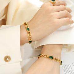 Green Glass Curb Chain Necklace & Bracelet