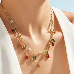 18K Gold-Plated Glass Stone & Pearl Accent Necklace