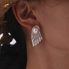 Shell-Pearl Fan-Shaped Stud Earrings