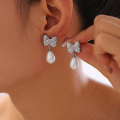 18K Gold-Plated Bow Pearl-Look Drop Earrings