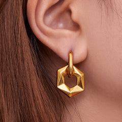 18K Gold-Plated Hexagon Drop Hoop Earrings