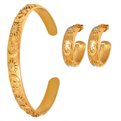 Embossed Floral Hoop Earrings & Open Cuff