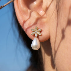 Floral Cubic Zirconia Pearl-Look Drop Earrings