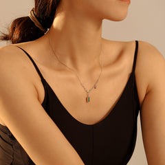 18K Gold-Plated Green Striped Rectangle Pendant Necklace