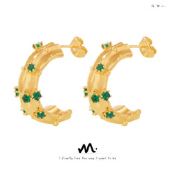 18K Gold-Plated Green Glass C-Hoop Earrings