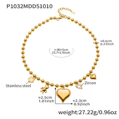 18K Gold-Plated Heart and Bear Charm Beaded Necklace