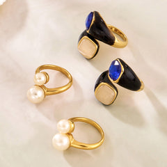 Enamel Pearl-Look & Cat-Eye-Look Statement Rings