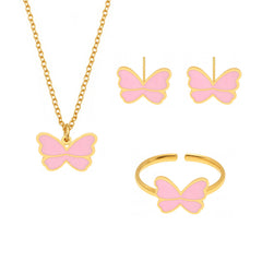 Pink Enamel Butterfly Bracelet, Ring & Earrings