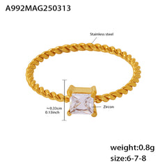 18K Gold-Plated Square Cubic Zirconia Rope Band Ring
