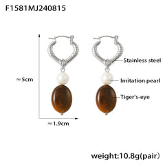18K Gold-Plated Heart Hoop Tiger Eye Drop Earrings