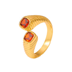 Gold-Tone Red Cubic Zirconia Ribbed Open Ring