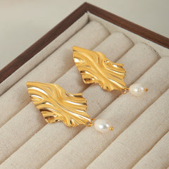Textured Leaf Freshwater Pearl Drop Earrings