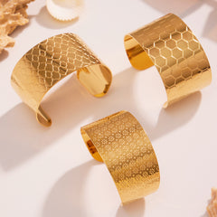 18K Gold-Plated Wide Floral Texture Cuff Bracelets
