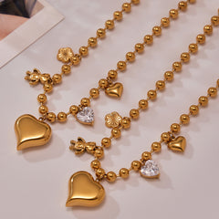18K Gold-Plated Heart and Bear Charm Beaded Necklace